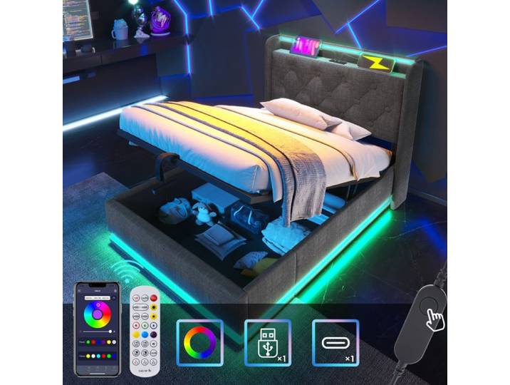 Lit coffre (lit simple) - SINGULARITY - LDE90×200 - Lin gris - Rangement hydraulique - Tête de lit LED & USB-C