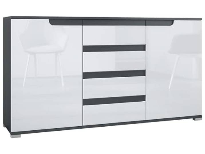 Vladon Sideboard Sylt V1, Kommode mit 2 Türen und 4 Schubladen, Korpus - Anthrazit matt/Front - Weiß Hochglanz/Absetzung - Anthrazit matt (138,5 x 75,5 x 35 cm)