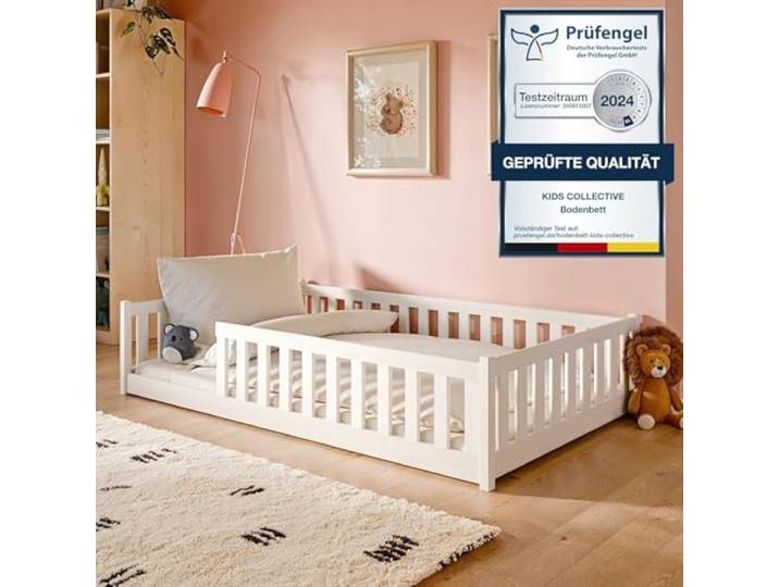 Kids Collective Montessori-Bodenbett 120x200 cm, Weiß, mit Matratze Rausfallschutz, Lattenrost inklusive, für Kinder und Jugendliche