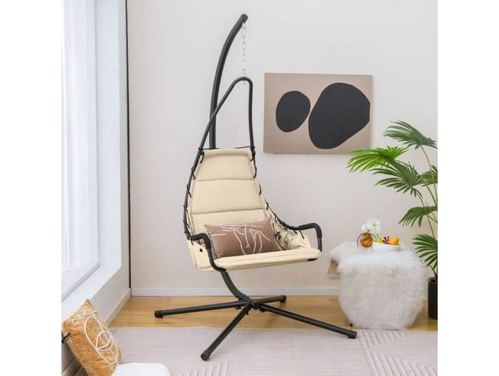 COSTWAY Chaise Hamac avec Support Chaise Balançoire de Patio avec Siège Rembourré Chaise Suspendue Intérieure Extérieure Beige