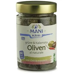 Mani Grüne & Kalamata Oliven al naturale mit Chili & Kräuter bio