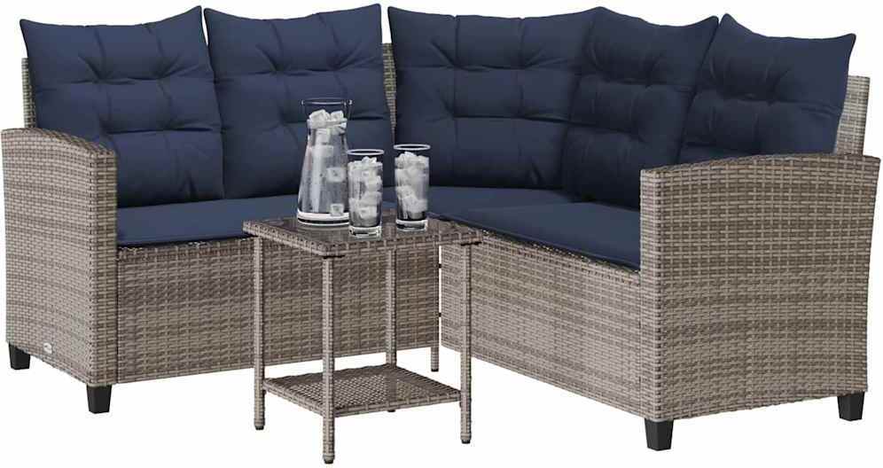 Gartensofa in L-Form mit Tisch und Kissen Grau Poly Rattan