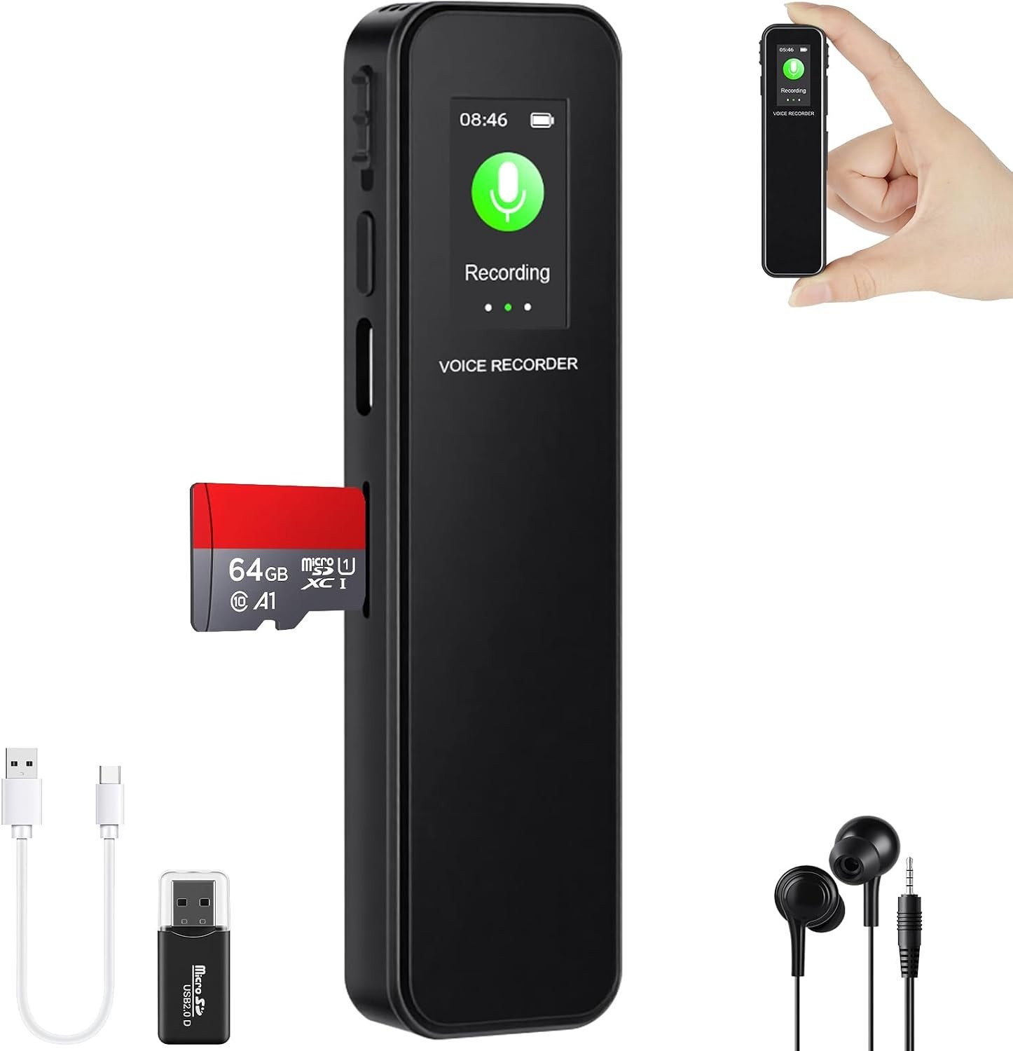 Digitale Voice Recorder 64GB - Draagbaar Opnameapparaat met HD Geluidskwaliteit en Lange Batterijduur
