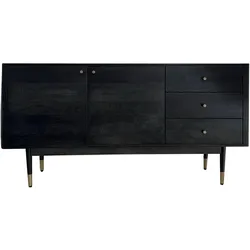 FineBuy, Kommode + Sideboard, Sideboard Anrichte 160 cm Massivholz Schwarz Kommode Türen Schubladen (160 x 42 x 81 cm)