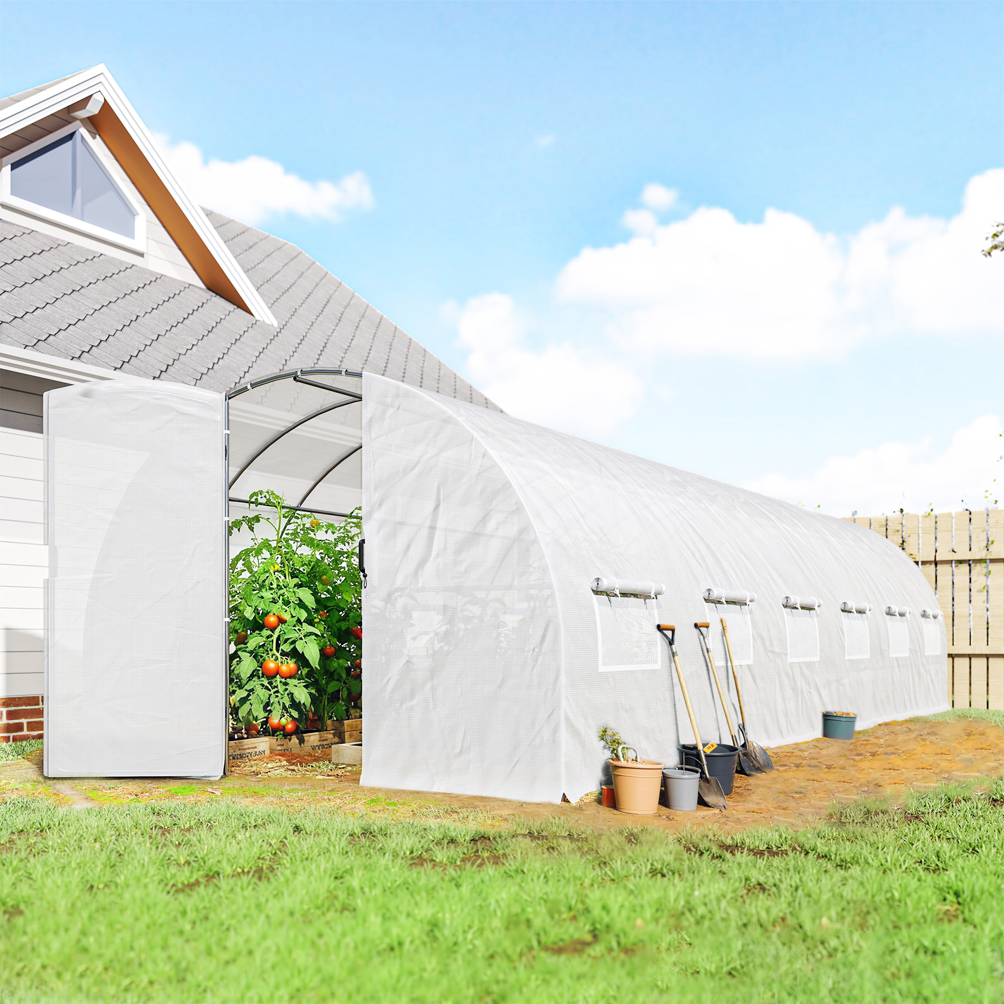 Outsunny Serra tunnel da giardino 24m², serra tunnel con porta e 12 finestre con zanzariere, 295x798x199cm, bianco   Aosom Italy