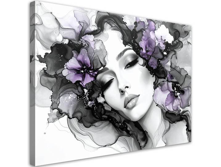 Feeby Leinwandbild Frau mit violetten Blumen auf dem Kopf 100x70cm, Grau, Person/Charakter, Rechteckig, 100x70 cm, Bilder & Rahmen, Bilder, Leinwandbilder