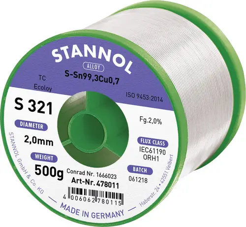 Stannol S321 2,0% 2,0MM SN99,3CU0,7CD 500G Lötzinn, bleifrei bleifrei, Spule Sn99,3Cu0,7 ORH1 500g 2mm