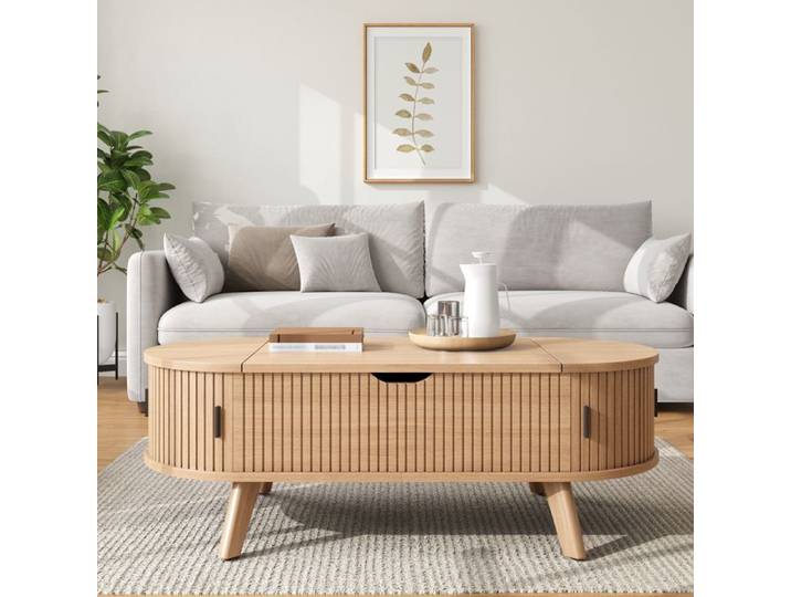 Table Basse Ulsam Ovale Relevable 110x50x38 5 cm en MDF avec Coffre 2 Portes Coulissantes et Façade Rainurée - Bois Naturel