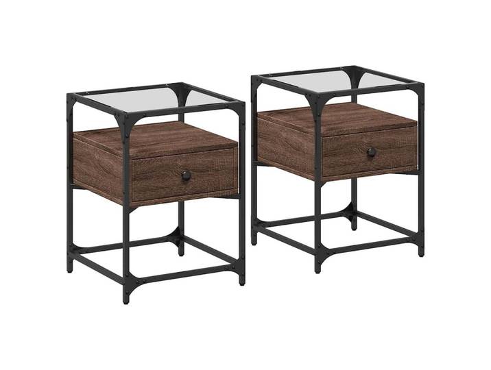 furnicato Nachttisch 40x40x55 cm Braun Massivholz Optik mit Glasplatte (2-St), Stabile Beistelltische mit Ablage und feuchtigkeitsbeständiger Fläche