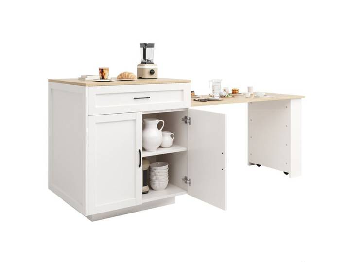 Îlot central de cuisine extensible – rangement tiroir compartiments roulettes verrouillables – blanc MDF