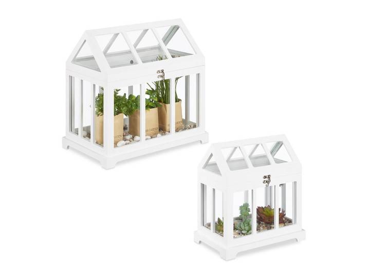 Relaxdays Gewächshaus Weiß 2er-Set Glas klappbares Dach 37x37,5x24 cm, Mehrfarbig, Glas, 37.5x37x24 cm, Gartenzubehör, Gartenhäuser & Gewächshäuser