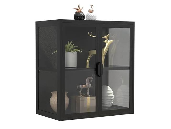 VCM Wandvitrine Schwarz 60x35x65 cm 2 Türen 2 Fächer Stahl Glas Glasvitrine Präsentation und Aufbewahrung von Sammlerstücken - Wohnzimmer oder Büro - für Sammler und Liebhaber - Stahl, Glas, Glastüren