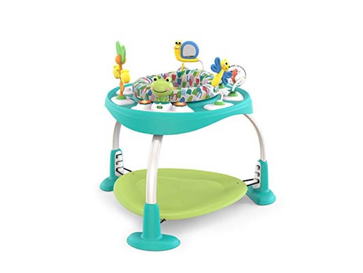Bright Starts, Bounce Bounce Baby 2 in 1 Spieltisch Aktivität Sitz - Playful Pond mit 7 interaktiven Spielzeug, 360° Spielstation, Höhenverstellbare, Babyspielzeug ab 6 Monaten, grün