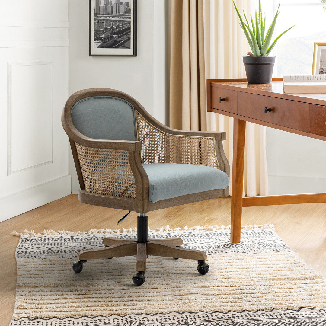 Bay Isle Home Xaver 50.8cm W Farmhouse Swivel Barrel Task Chair with Rattan Arms Blue 88.3cm H X 59.7cm W X 59.7cm D