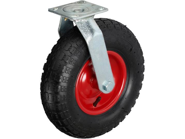 Relaxdays Lenkrolle, luftbereift, 3.50-6, Schwerlast-Transportrolle, Platte zum Anschrauben, bis 120 kg, schwarz/rot