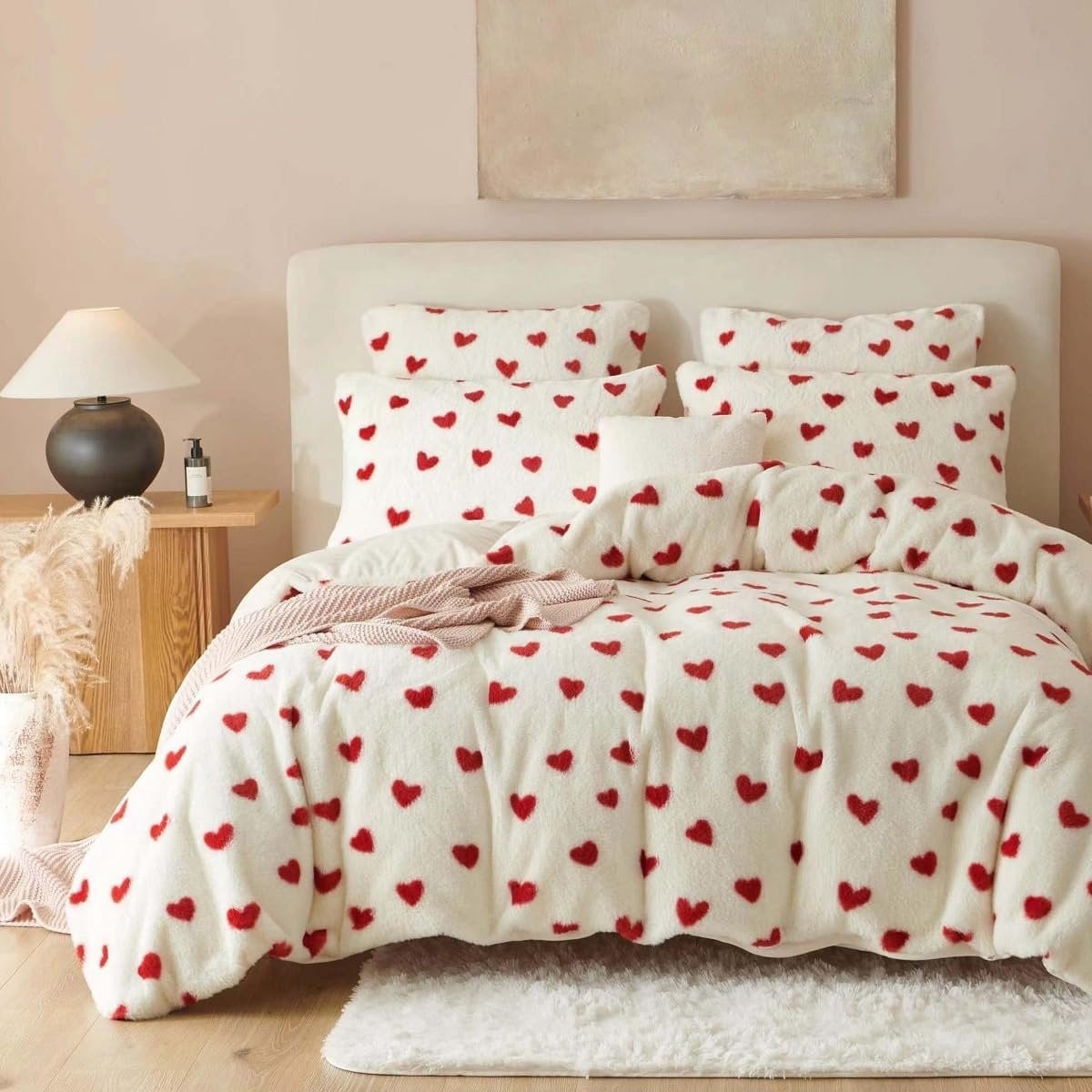 Luxe Flanellen Dekbedovertrek Biber Rood-Wit Hartjes 220 x 240 cm Warm & Pluche