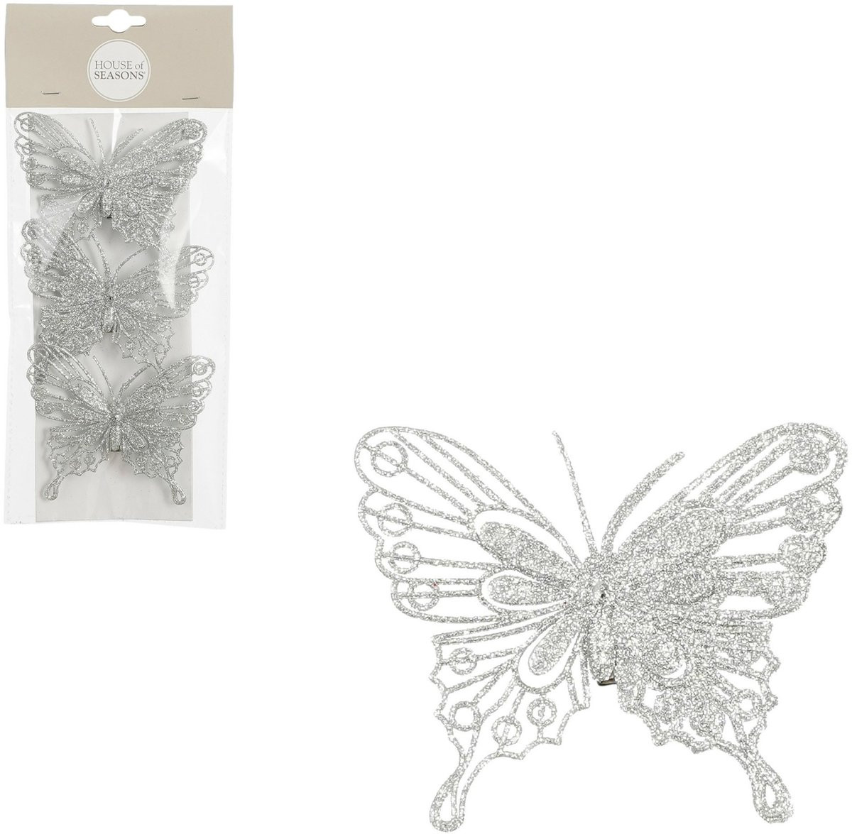 House of Seasons Decoratie Vlinders op Clip - 3 stuks - Zilver - 10 cm