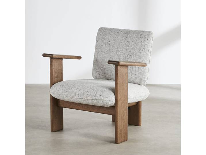 Fauteuil tripode gris clair tramé et pieds en hêtre massif