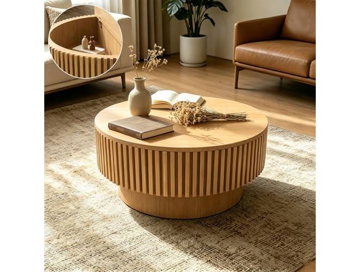TINGYORA Runder Couchtisch mit Stauraum, Ø80 x 35 cm, gerilltes Design, moderner Wohnzimmertisch, runder Kaffeetisch für Wohnzimmer (Natur)