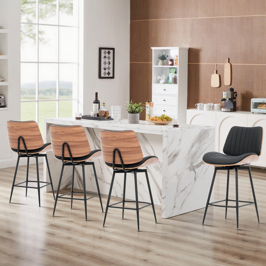 George Oliver Chelsea Mid-Century Swivel Bar Stool With PU Leather Seat Black 52.48cm W X 116.84cm D