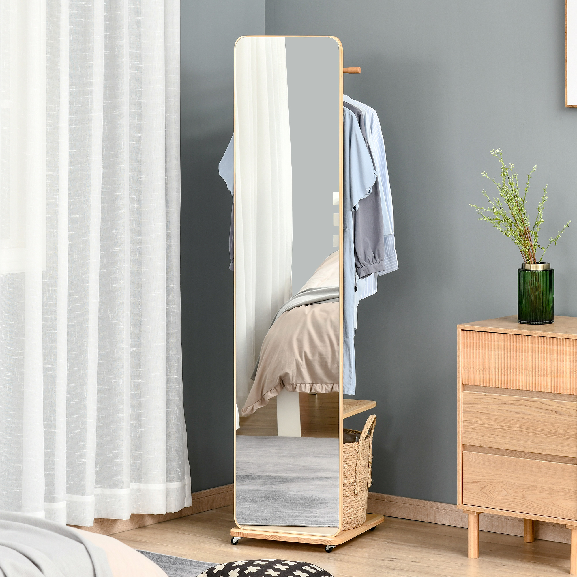 Homcom Specchio a Terra con Ruote - Appendiabiti, 4 Ganci Ripiano MDF Effetto Legno Chiaro