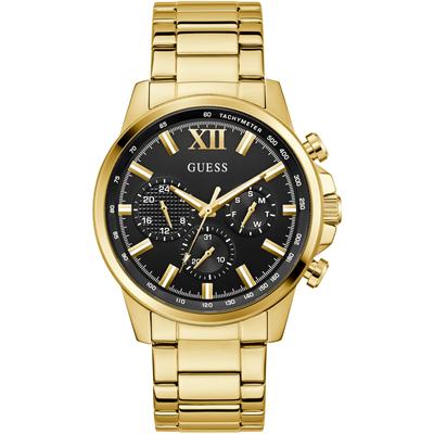 Multifunktionsuhr GUESS "WALKER", gold (goldfarben, schwarz, schwarz), Armbanduhren, Herren, gelbgoldfarben, Quarzuhr, Armbanduhr, Herrenuhr, Datum, Wochentag, Edelstahlarmband