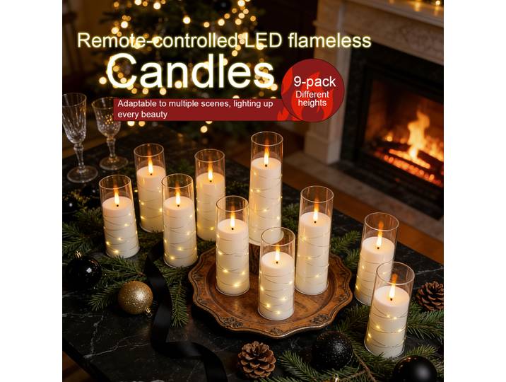 Bougies de prière LED sans flamme blanches (9 pièces) avec guirlande lumineuse, minuterie, intensité réglable, en acrylique, pour église, commémoration, Noël, décoration religieuse
