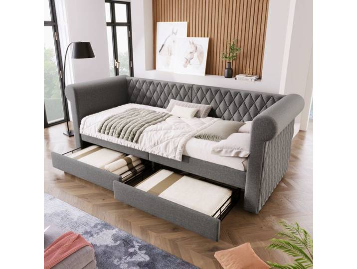 Lit de jour - KOMHTOM - 90x200 cm - 2 tiroirs - Bois massif - Lin gris