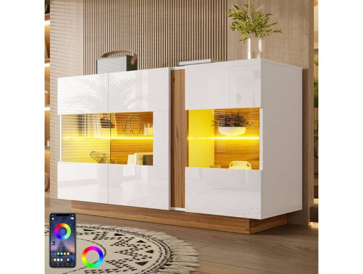 Commode moderne / Sideboard avec 3 portes acryliques Couloir ou chambre 120×38×80cm Avec rangement intégré Avec éclairage LED