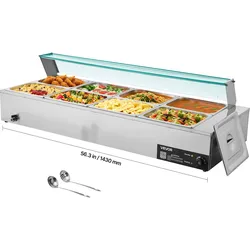 VEVOR kommerzieller Speisenwärmer (8 x 1/2 Größe Behälter), 1,7 kW elektrischer Wärmebehälter aus Edelstahl mit Glasabdeckung & Suppenkelle, Chafing Dishes für Catering Restaurant Party