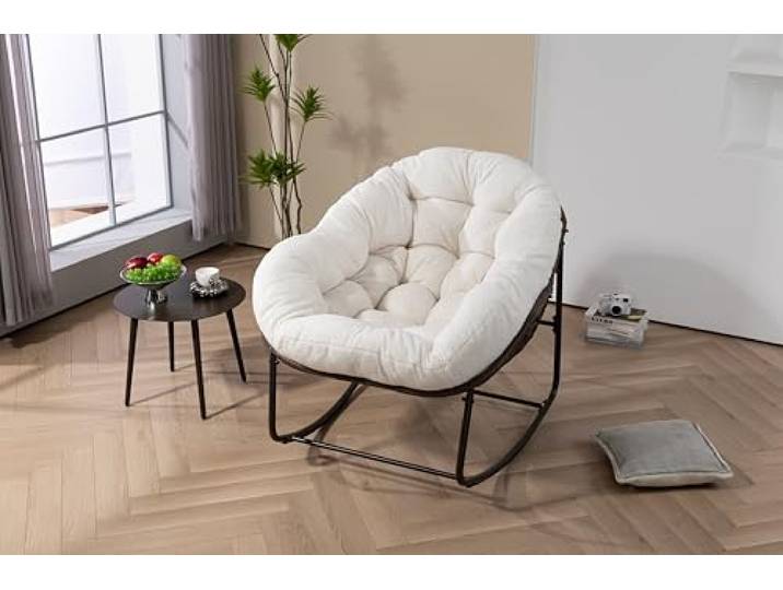 Ball & Cast Schaukelstuhl für Drinnen & Draußen, Rocking Chair mit Gepolstertem Kissen, Relaxsessel Schwingsessel für Garten, Balkon & Terrasse, Weiß