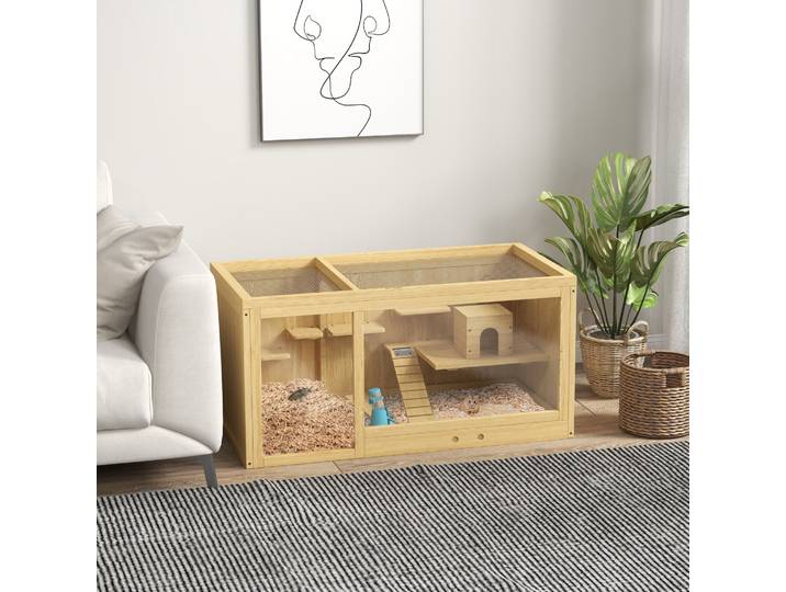 PawHut Cage Hamster Habitat pour Rongeurs Souris Plusieurs Niveaux Plateformes Échelle Balançoires 100 x 50 x 50 cm Naturel