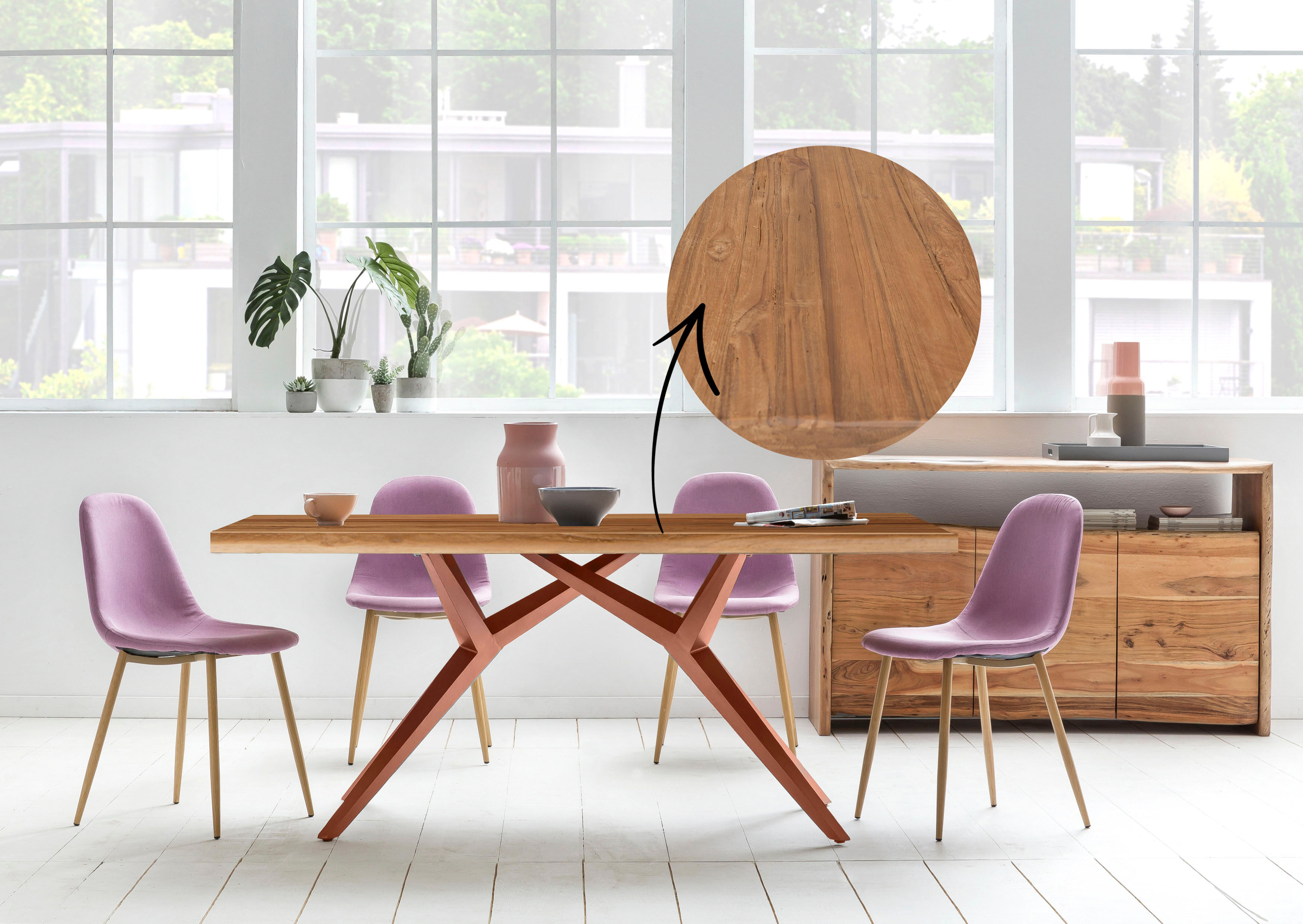 Esstisch SIT "Juneau aus recyceltem Teak mit 50-mm-Platte & Rustik-Look", braun (natur, antikbraun, antikbraun, natur), B:180cm H:73cm T:100cm, Platte recyceltes Teak, Gestell Metall, Tische, Esstisch, 50 mm starke Teakplatte mit markanter rustikaler Ober