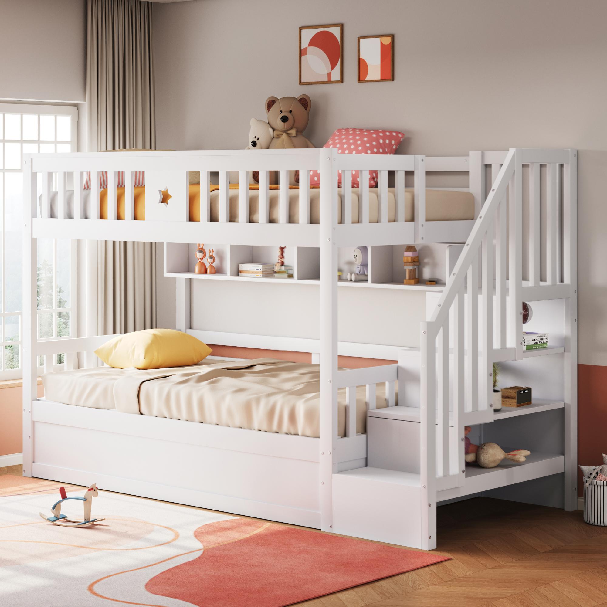 MODFU Etagenbett 90x200, Kinderbett mit Regale, Hochbett mit Stauraumtreppe, Doppelbett mit hydraulischem Stauraum,ohne Matratze,Weiß