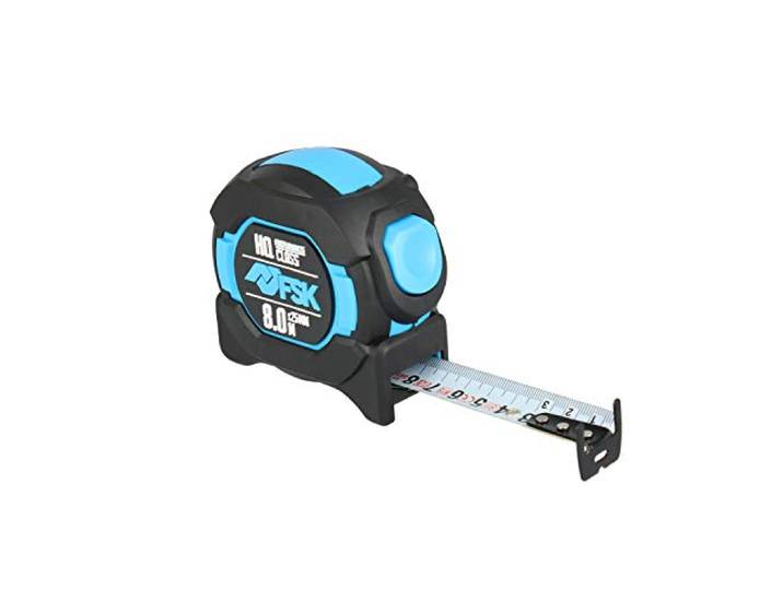 Ferrestock FSKFLHQ8025 Flexometer met versterkte nylon band, 8 m x 25 mm, dubbelzijdig, gele achterkant, gedempte terugloop, dubbele haak en rubberen behuizing voor mappen, FSKFLHQ8025