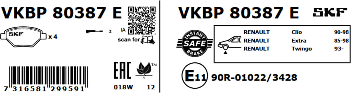 Skf Bremsbelagsatz, Scheibenbremse Vkbp80387e Für Renault