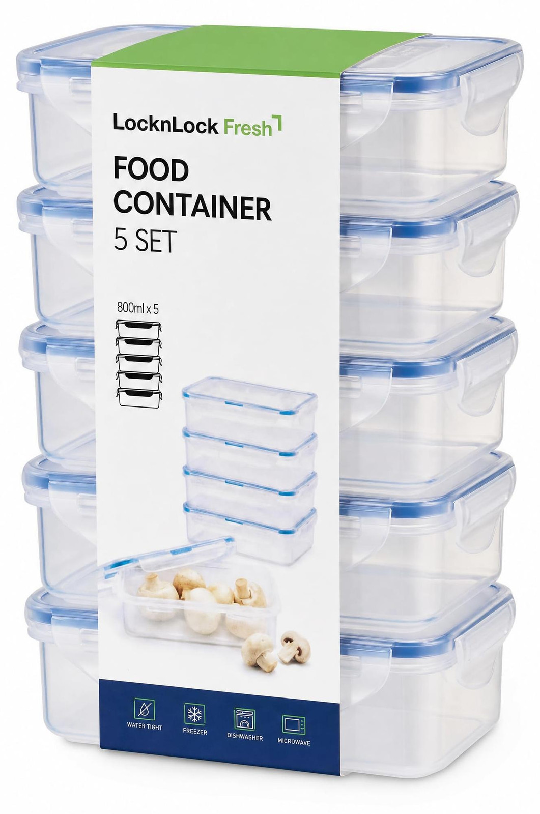 Lock & Lock PP Classic set van 5 luchtdichte vershoudbakjes, 5 x 800 ml (HPL816)