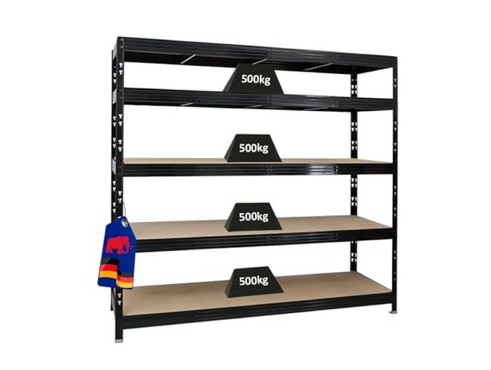PROREGAL Profi Schwerlastregal Rhino EXTRA BREIT schwarz HxBxT 180x200x60cm Fachlast 500kg 5X Spanplatten-Ebenen 8mm Garagenregal, Lagerregal, Steckregal, Weitspannregal