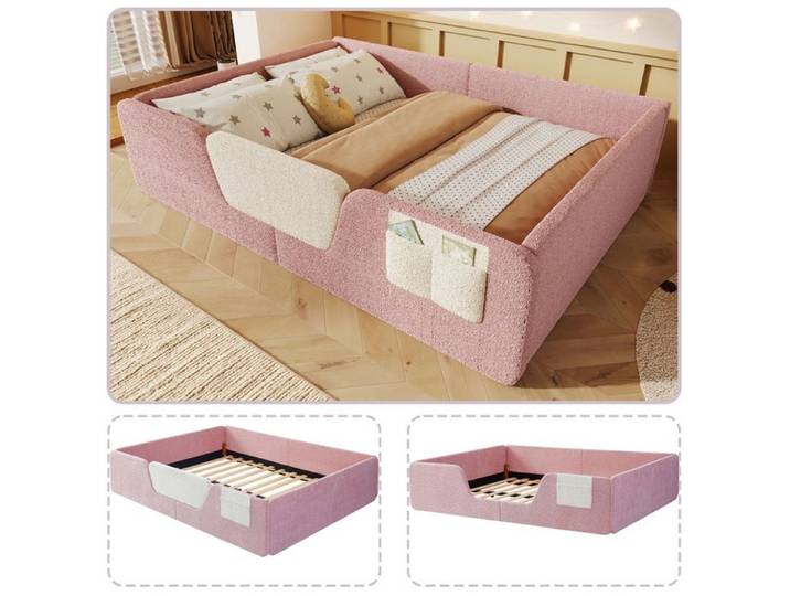 Lit capitonné 140x190 velours rose barrière de sécurité amovible poche de rangement intégrée chambre adulte studio déco tendance