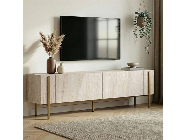 Meuble TV Noga Dmora en Bois Épuré Effet Marbre Blanc 180x30x45h cm