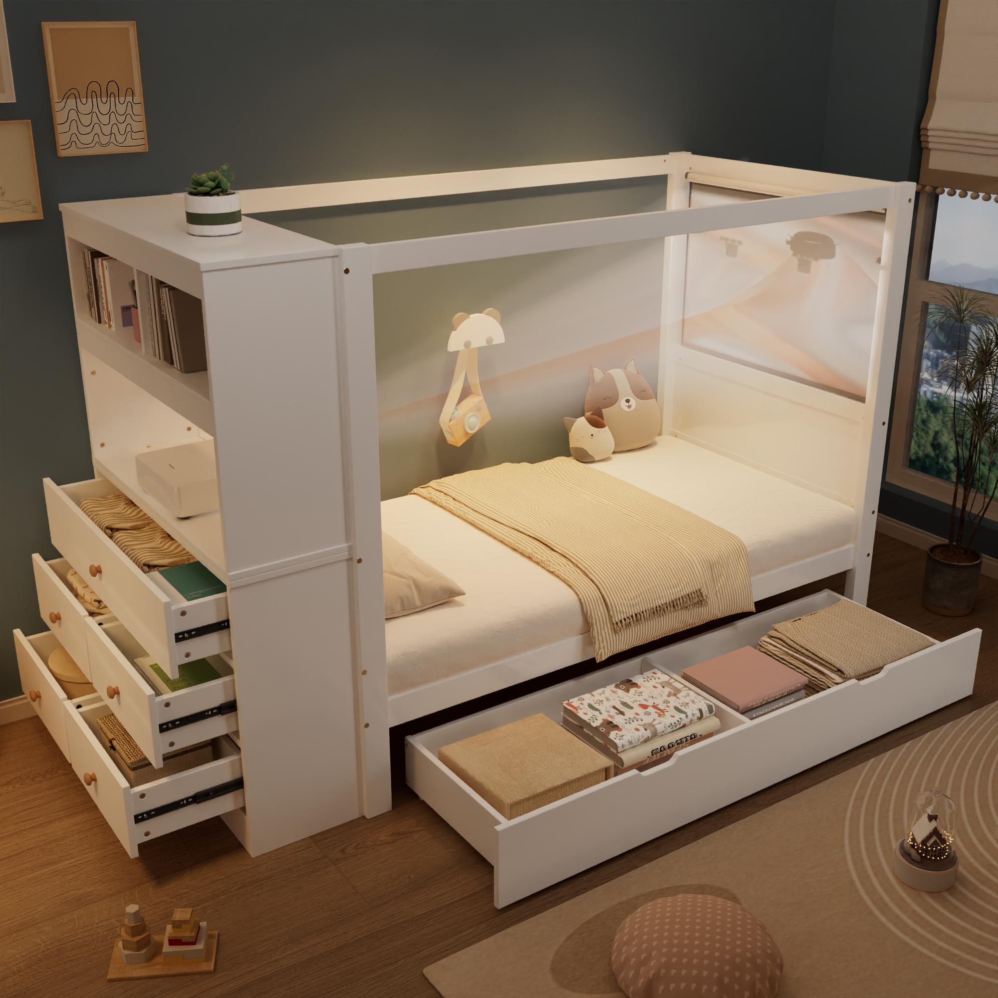 MODFU kinderbett 90×200 Einzelbett,Holzbett mit Stauraum,Fallschutz Gitte mit Lagerschrank, Schublade mit Rädern, Weiß+Natur(ohne Matratze)