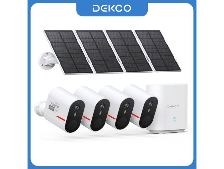 Système de caméra solaire sans fil Dekco 5MP, kit 4 caméras, caméra de sécurité solaire WiFi extérieure, vision nocturne couleur, conversation bidirectionnelle, caméra CCTV