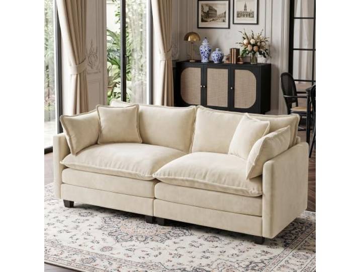 SoarFlash Modulares Sofa 2-Sitzer, 198 cm, Chenille beige, mit Kissen Frei kombinierbares modulares Sofa aus Chenille mit Armlehnenpaneelen, ideal für Wohnhäuser und Wohnungen.