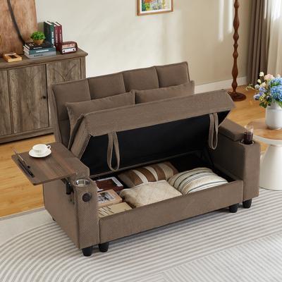 Loedds 2-Seat Upholstered Loveseat Sofa with Storage & USB Charging & Swivel Table