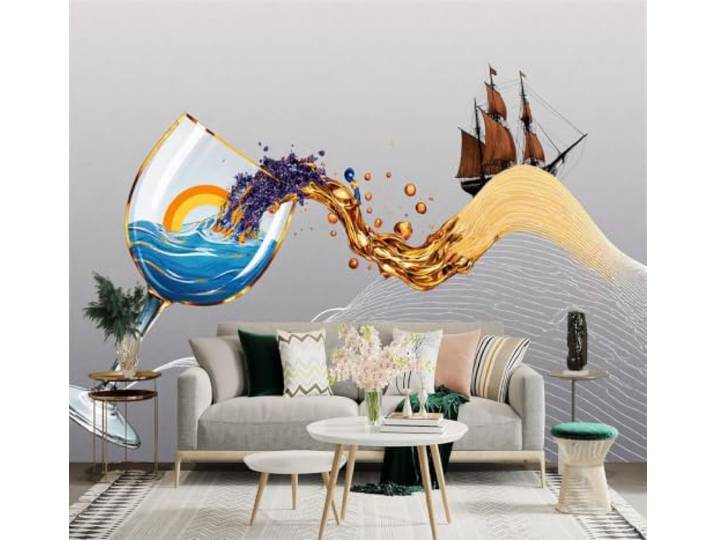 3D Tapete Abstrakt Wellenmuster Weinglas Goldene Flüssigkeit Segelboot Seidenstoff mit edler Textur Geeignet für Wohnzimmer Schlafzimmer Arbeitszimmer Büro Esszimmer TV Hintergrundwand-430cm×300cm