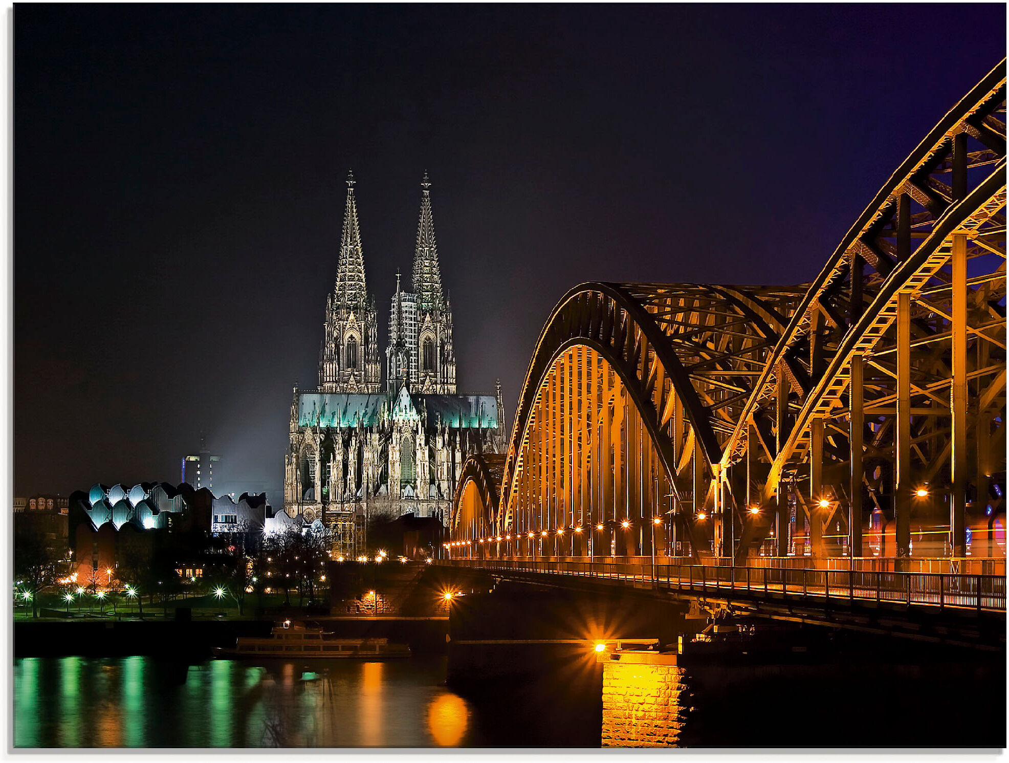 Glasbild ARTLAND "Kölner Dom mit Brücke", schwarz (farbe bild(er): schwarz), B:80cm H:60cm, Bilder, Glasbild, in verschiedenen Grössen farbe bild(er): schwarz B/H/T: 80cm x 60cm, Glasbild Deutschland, 1 Stk.
