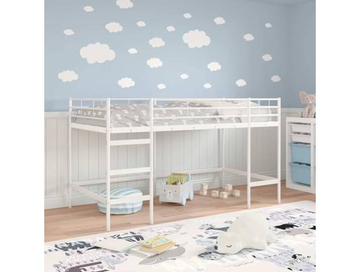KTHLBRH Bettgestell Loft für Kinder, weiß, 107 x 203 cm Hochwertiger Stahl, Wand-Kopfteil, modernes Design, einfache Montage