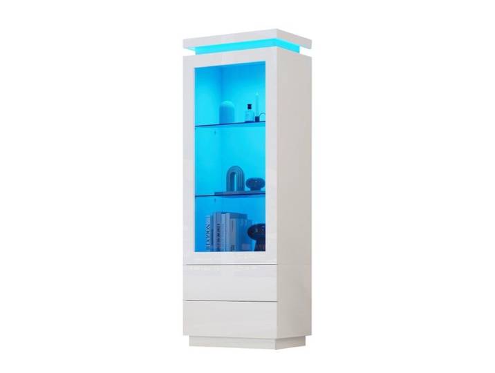 Vitrine Argentier Blanc 60x40x171cm Armoire Haute Verre Brillance LED 2 Tiroirs Portes Pliante Pieds Rangement Salon