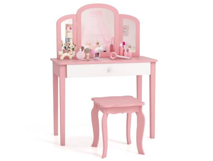DREAMADE Coiffeuse Enfants 2 en 1 avec Tabouret Miroir Pliable Amovible Kit Anti-basculement Jouets Cosmétiques en Bois Rose