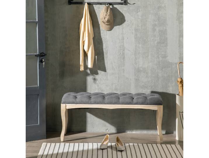 HOMCOM Banquette Capitonnée Lin Gris Bois Hévéa 110cm